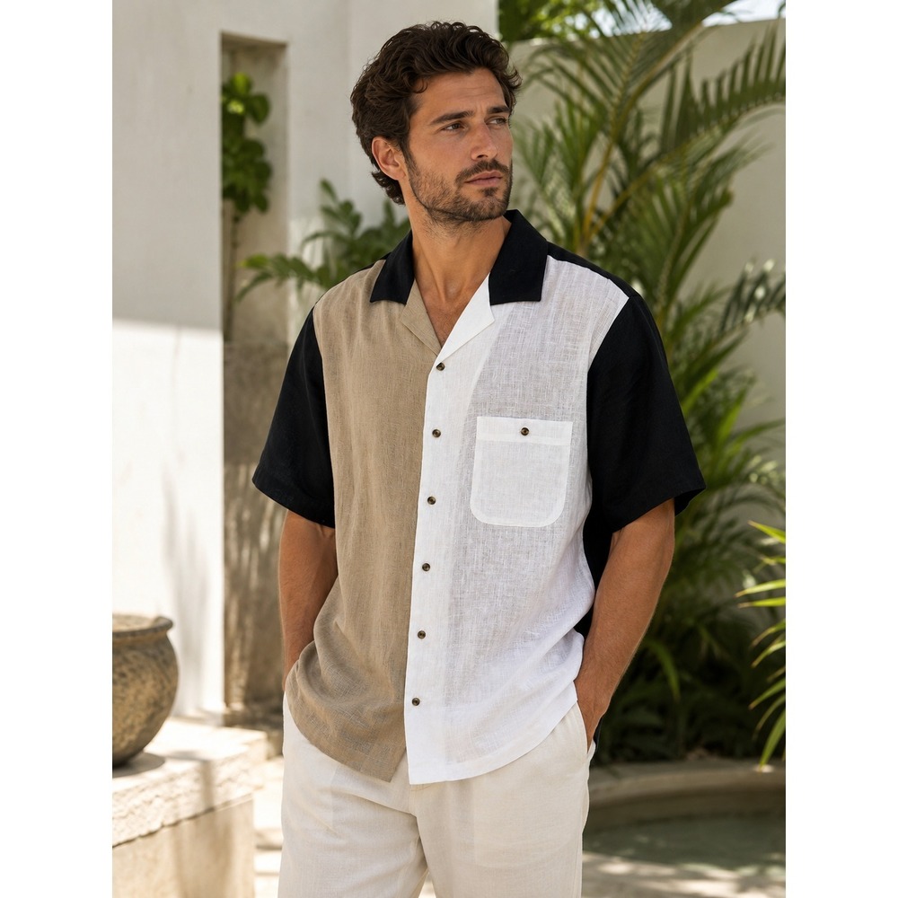 Paul Fredrick Linen Colorblock Short Sleeve Button Shirt Large Coastal Resort - Picture 1 of 10